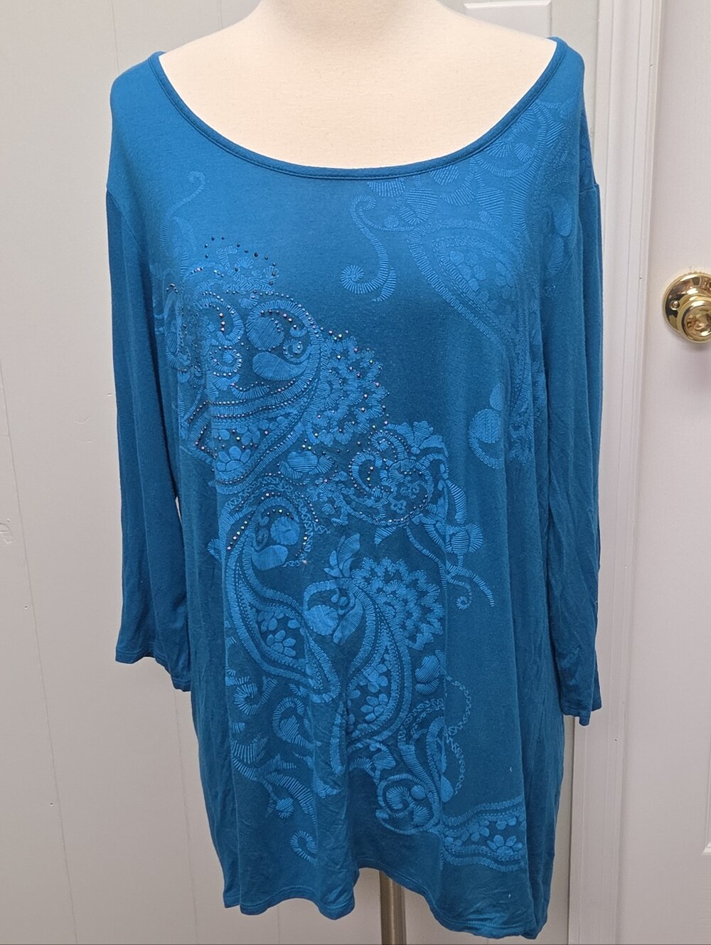 Rebecca Malone Turquoise Embellished Scoop Neck 3/4 Sleeve Top XL Blouse Tunic
